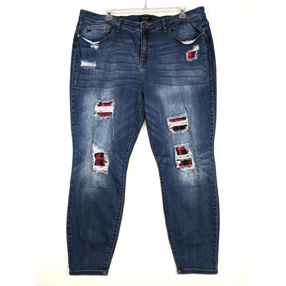 Judy Blue Womens 24W Skinny Fit Jeans Blue Medium Wash Denim Buffalo Plaid Patch